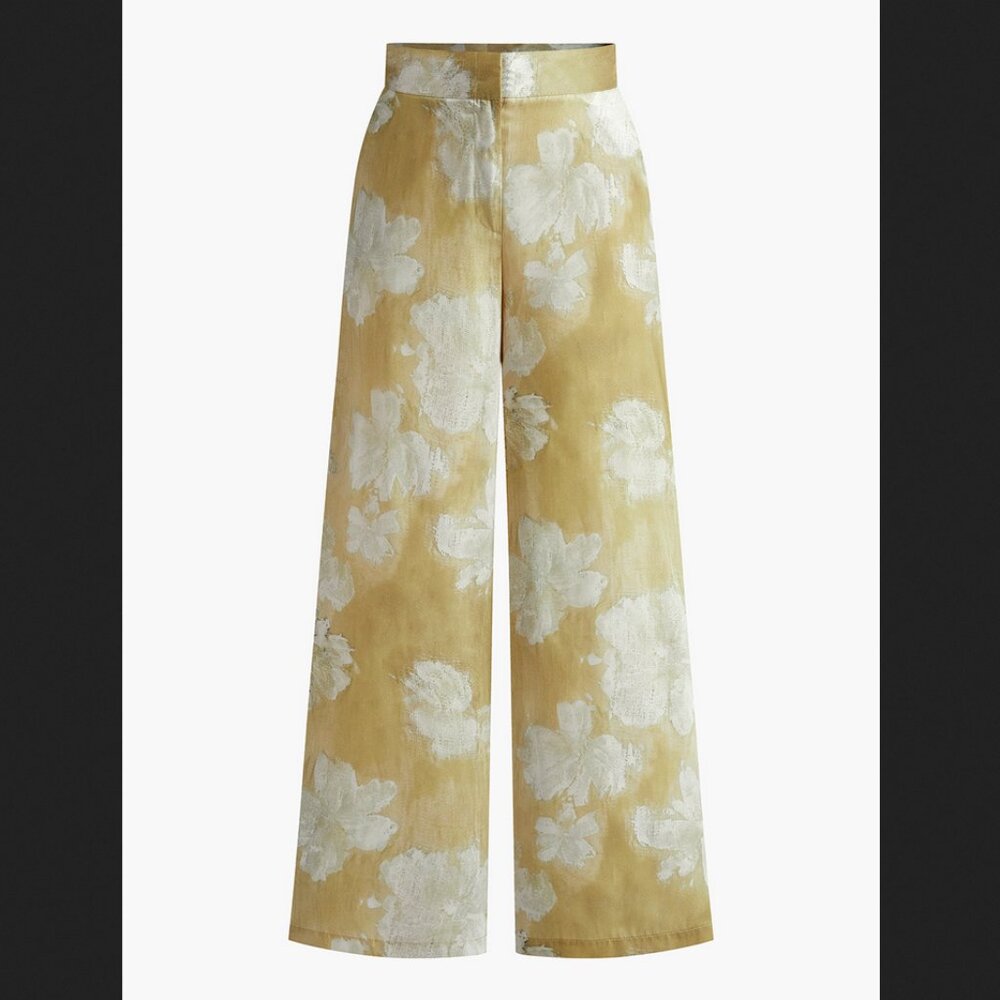 Commense Gold and White Straight Leg Pants with Abstract Design